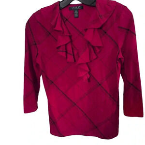 Ralph Lauren Womens Red Ruffle Neck Long Sleeve Pullover Blouse Top Size S